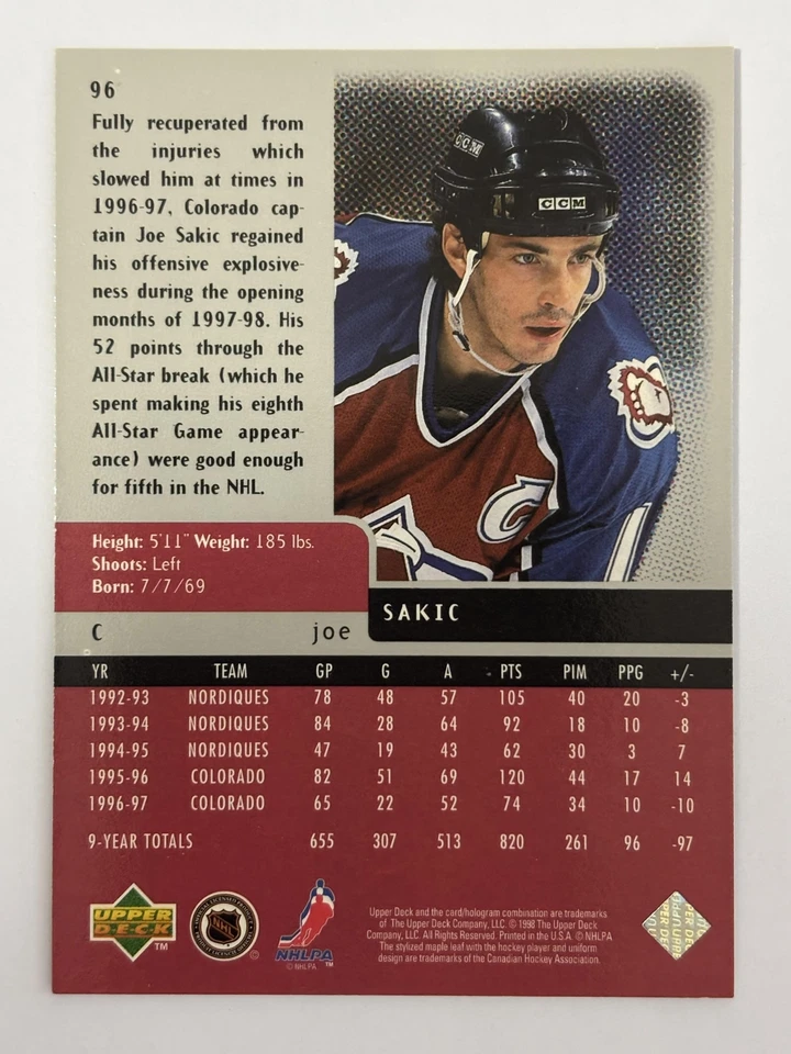 Joe Sakic 1997-98 Upper Deck Black Diamond #96 - Colorado Avalanche - Image 2 of 2