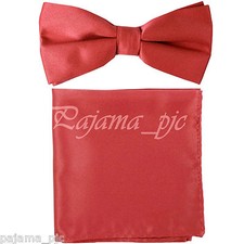 Coral Men's Solid Straight Cut Bow tie  Pocket Square Hanky Wedding 10X