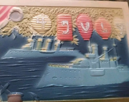 Postal del 4 de julio, aerografiada, en relieve, marinera, acorazados - Imagen 3 de 5