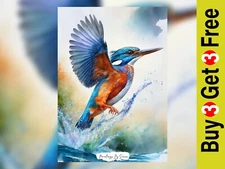 Dynamic Flying Kingfisher, Watercolor Painting Print 5"x7" on Matte Paper