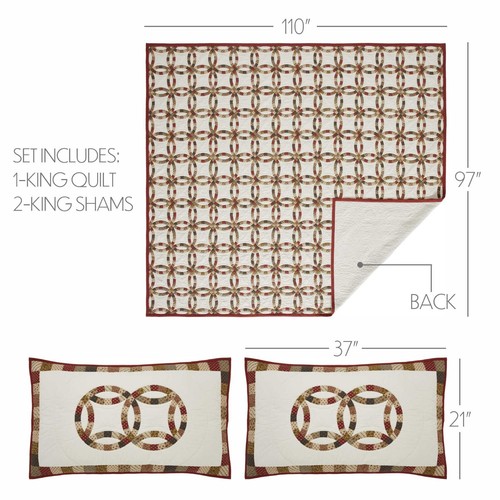 New Primitive Farmhouse Red Mustard WEDDING RING QUILT SET King Blanket Bedding - Picture 3 of 4