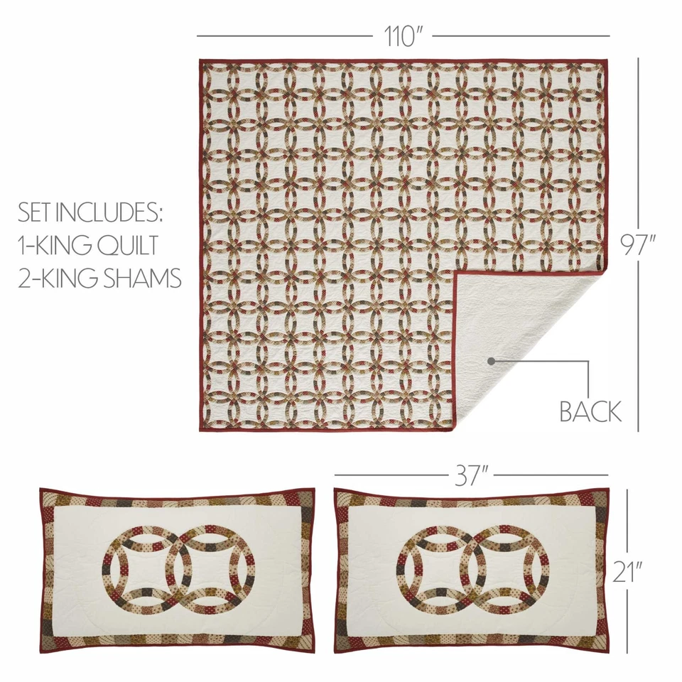 New Primitive Farmhouse Red Mustard WEDDING RING QUILT SET King Blanket Bedding - Image 3 of 4