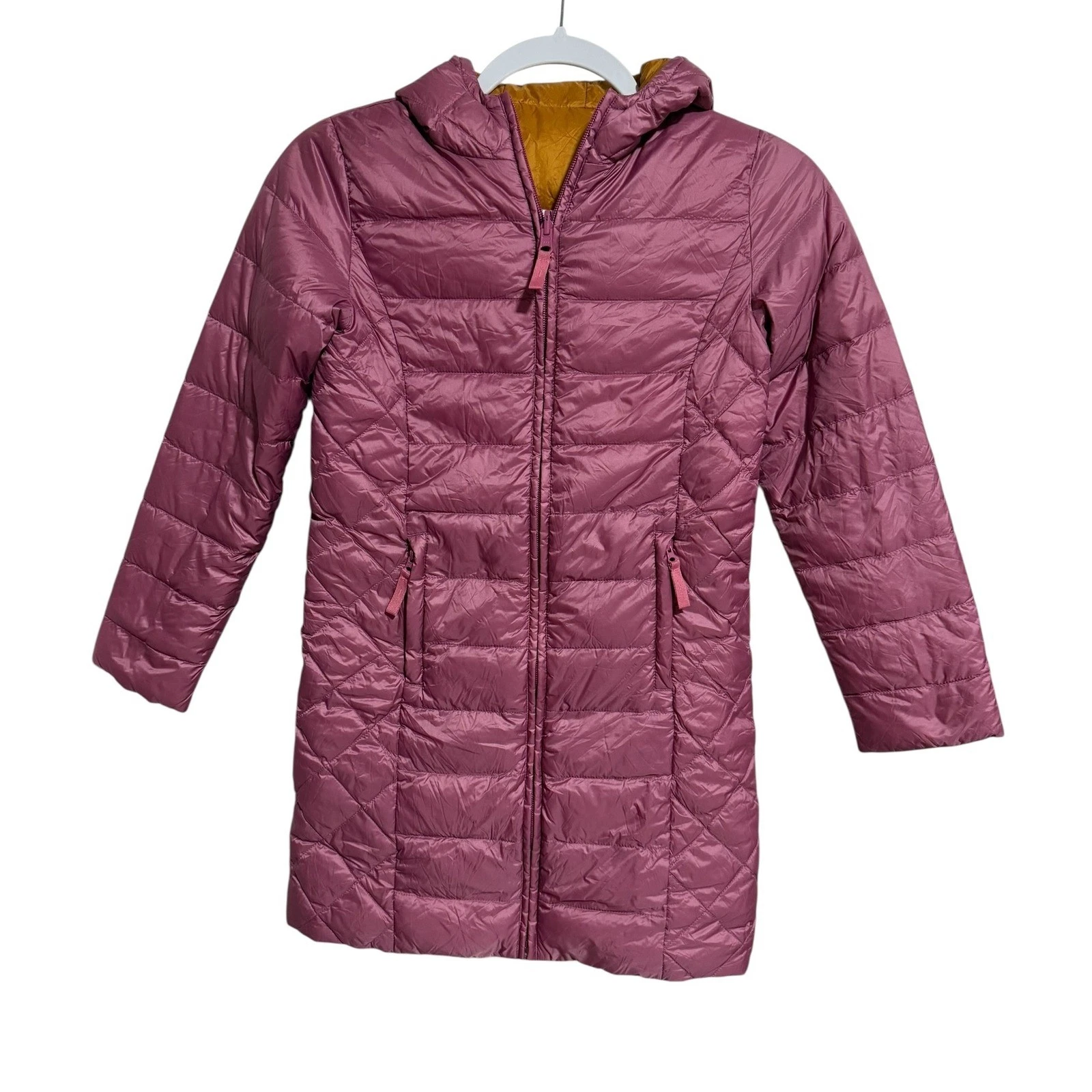 Garnet Hill Kids Reversible Down Puffer Jacket Coat Gold PINK Girls Size L EUC