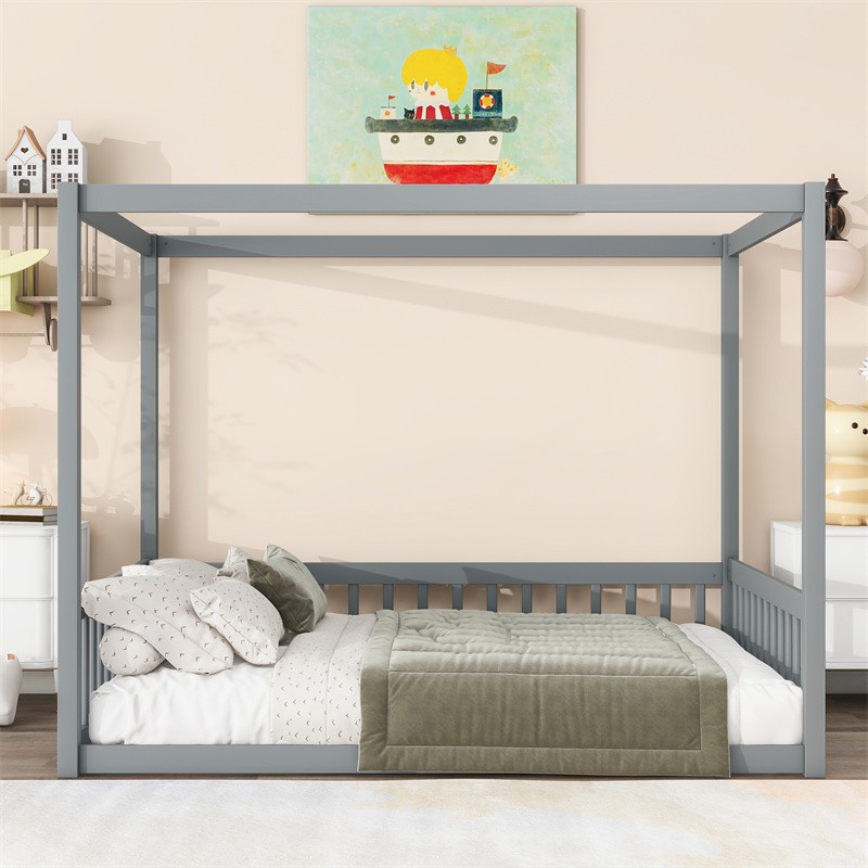 Full Size Canopy Bed Wood Floor Bed Frame with Fence and Guardrails ,Grey 