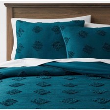 FULL/QUEEN Tufted Diamond Crinkle Duvet Cover and Sham Set Dark Teal Blue
