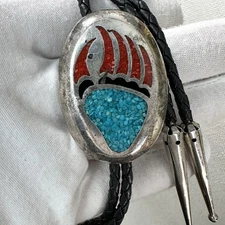 Silver Tone Turquoise Coral Bear Paw Western Bolo Tie Signed With Imperfections