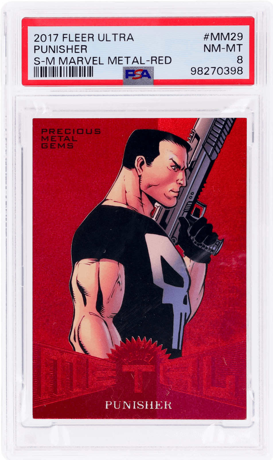 2017 Fleer Ultra Punisher Spider Man Marvel Metal Pmg Red #MM29 /99 PSA 8