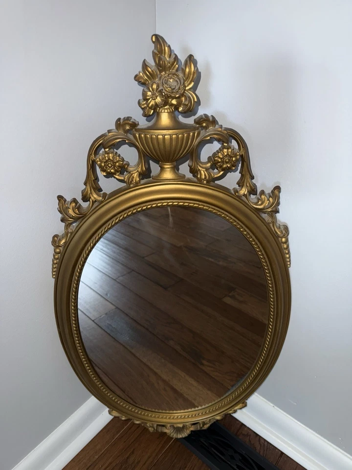 "Espejo de pared de colección MCM negro y dorado siroco ornamentado con desplazamiento Hollywood Regency 31 X 16""" Foto 3 de 4