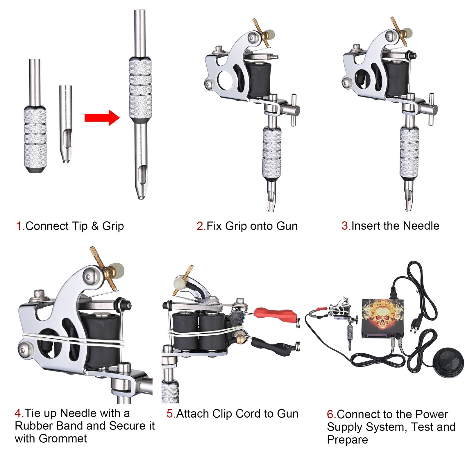 Complete Tattoo Machine Kit 4 Guns 54 Ink Power Supply Needles Grip Tip w/ Case