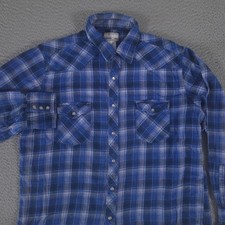 VINTAGE Wrangler Shirt Mens XL Blue Wrancher Flannel Pearl Snaps Plaid 90s