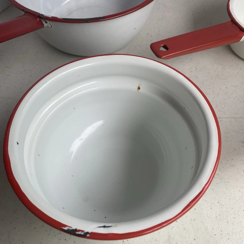 Vintage White w/Red Trim Enamelware LOT pots pans Crock Cookware Set Kitschy - Image 4 of 4