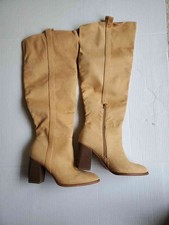 Women's Tan Faux Suede Over The Knee Block Heel Boots Zip Sz