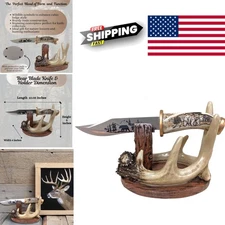 Carved Bear Blade Knife with Faux Antler Stand for Rustic Home Decoration