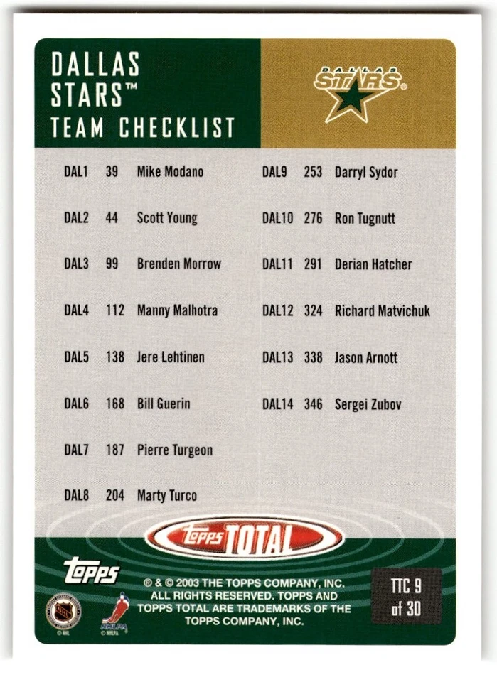 2002-03 Topps Total Mike Modano #39 Dallas Stars - Image 2 of 2