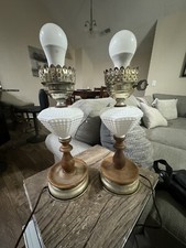 Vintage Pair 2 Of White Milk Glass Hobnail Wood Bedside Boudoir Table Lamps