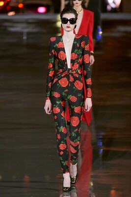 71282 auth SAINT LAURENT black & red 2022 FLORAL Jumpsuit Suit S