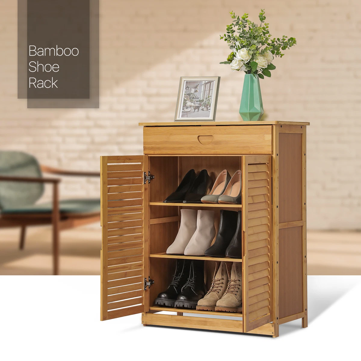 26 Natural Bamboo[BOOTS STORAGE]Dual Shutter Doors 3-Tier Shoe Cabinet  w/Drawer