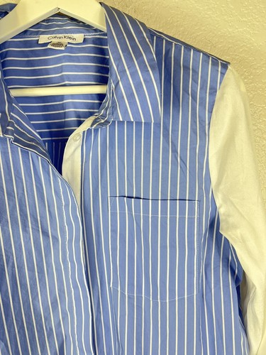 Calvin Klein Women's Layered Look Blue Striped Button Down Dress Shirt Sz M - Picture 2 of 9