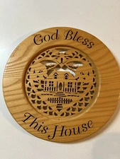 Solid Oak 11.5” Engraved Plaque “God Bless This House” With Home In Heart