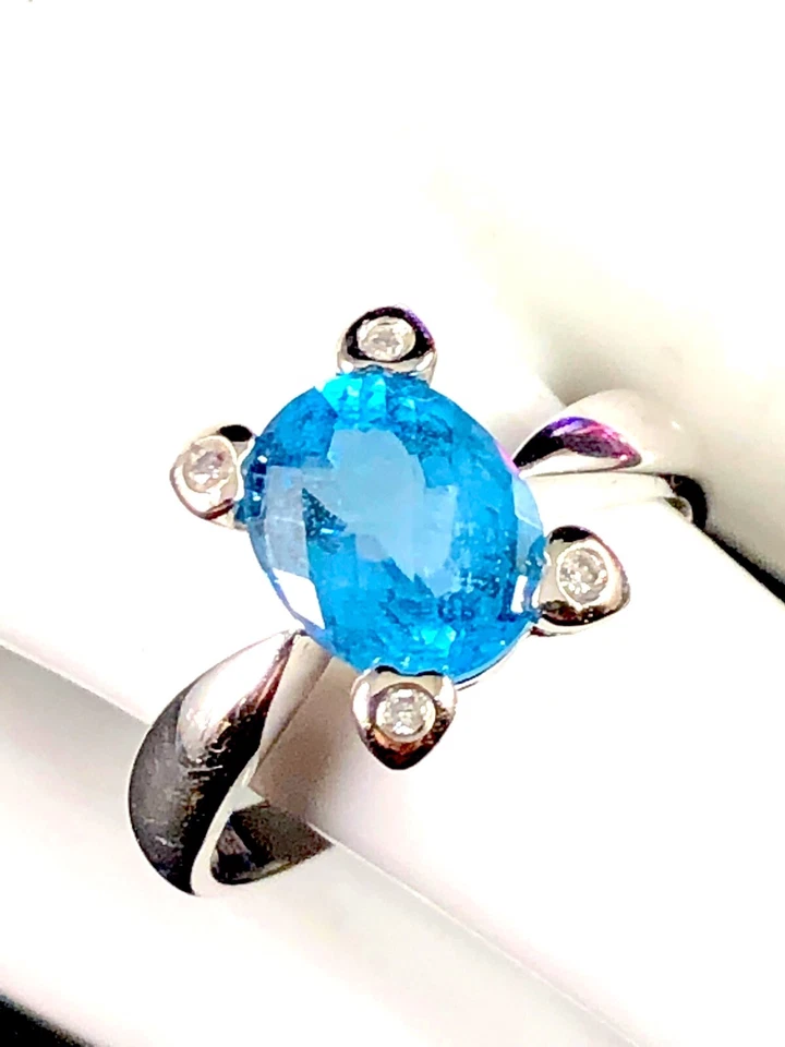 ANILLO EFFY BH ORO BLANCO MACIZO 14K 2 QUILATES OVALADO TOPACIO AZUL DIAMANTE TALLA 7 Foto 3 de 4