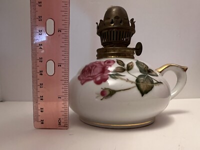Kasuga Ware Japan Hand Painted OIL Lamp, White Porcelain/pink