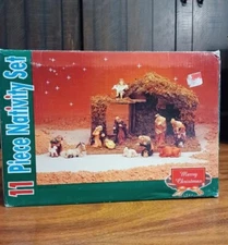 VTG Christmas 11 Piece Nativity Set Ceramic Pieces Still Sealed Real Wood Stable