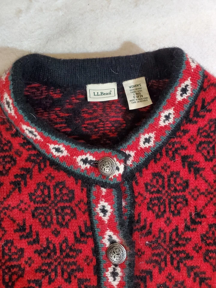 VINTAGE LL Bean Signature Cardigan Sweater Womens Sz Lg Nordic Design 100% Wool - Imagem 3 de 4