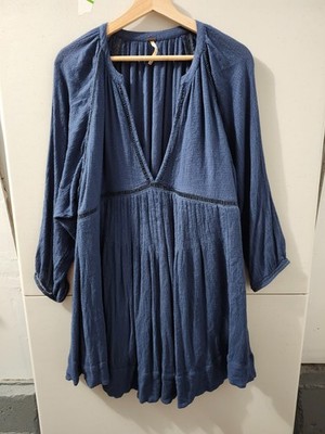 Free People Dress Womens M Blue Go Lightly Swing Mini Plunge Woven