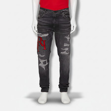 Amiri Men's Gray Distressed Staggered Logo Jeans Pants Size 38
