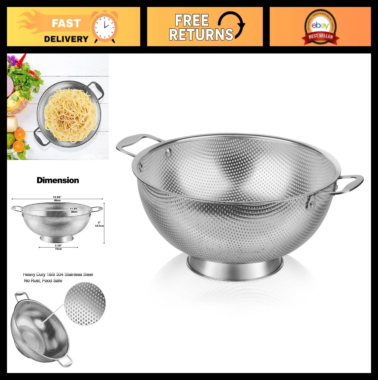Large 6-Qt Stainless Steel Colander Strainer - Mesh Food Sieve with Riveted Hand