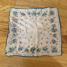 Vint. Floral Handkerchief Blue Green Orange Yellow 13  X 13  Hanky Great Britain