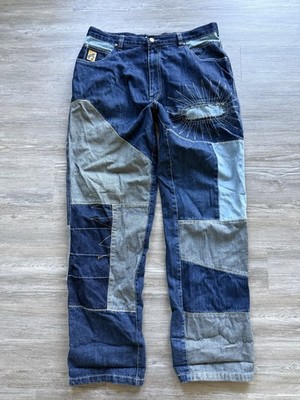 Vintage y2k Premium RB Jeans Raw Blue Embroidered Patchwork Skater Baggy 36 X 34