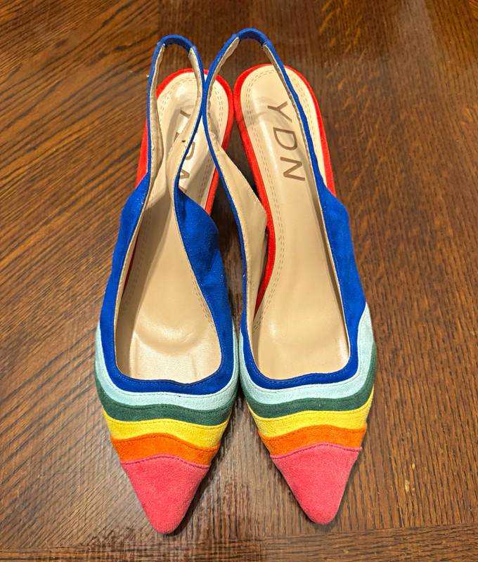 YDN Women’s Multicolor Striped Suede Slingback Pointed Toe Spool Heel 10