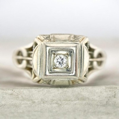 Antiker Art Deco Ring 18k Weißgold alter europäischer Diamant filigran