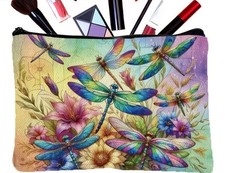 Vibrant Floral  Dragonfly Summer and Spring Makeup Bag - Double-Sided Printed