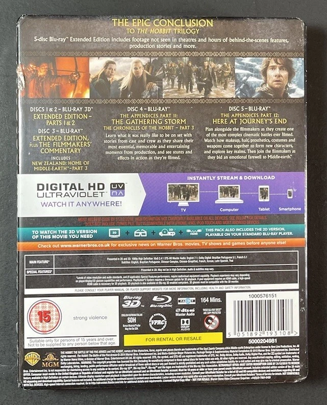 The Hobbit The Battle Of The Five Armies [ Extended STEELBOOK ] (Blu-ray 3D) NEW - Image 2 of 4