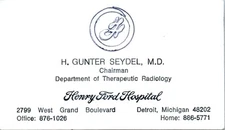 H. Gunter Seydel Henry Ford Hospital Detroit Michigan Business Card Vintage