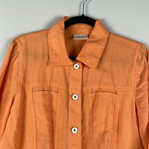 Chicos Orange Linen Jacket Size 1 US Medium 3/4 Sleeves Button Up Pockets - Picture 2 of 10