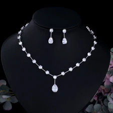 Brilliant Cubic Zirconia Round Tennis Necklace Earring Silver Plated Jewelry Set