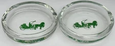 (2) Vintage Horse Buggy Carriage Coachman Glass Ashtray Clear Round Bar READ