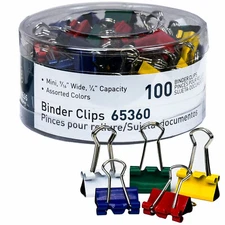 Business Source 65360 Mini Binder Clips, 9/16" Wide, Assorted Colors, Tub of 100