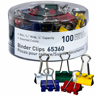 Business Source 65360 Mini Binder Clips, 9/16'' Wide, Assorted Colors, Tub of 100
