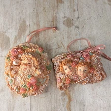 VTG Victorian Ornaments Lot Of 2 Santa & Angels Pink Shabby Chic