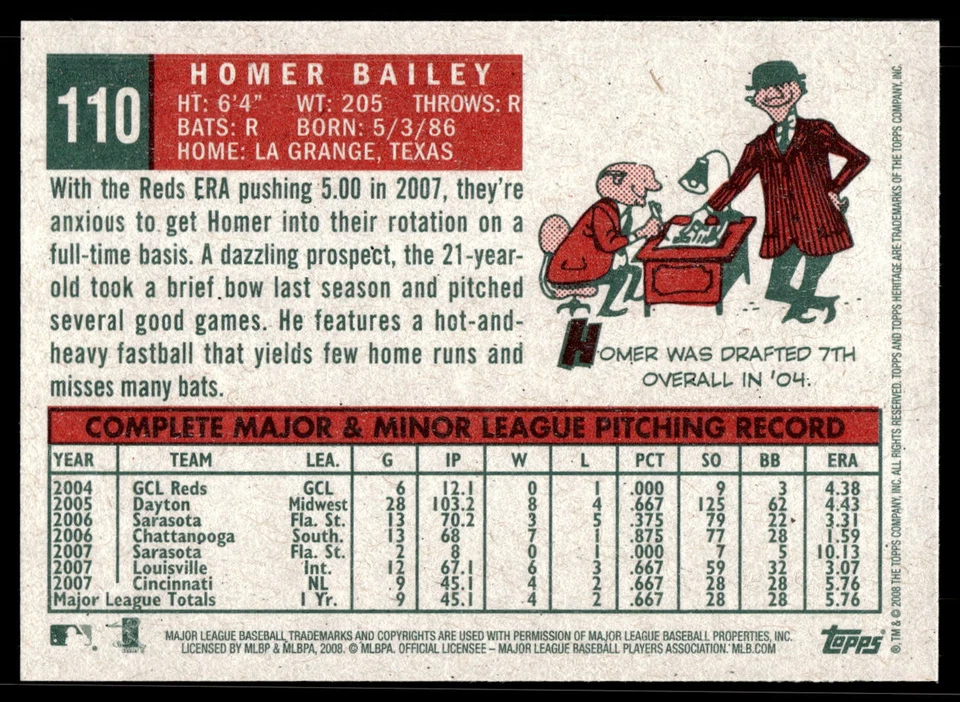 Homer Bailey Topps Heritage #110 2008 Foto 2 de 2