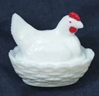 🐔3.5" Westmoreland Milk Glass Covered Chicken Hen on a Basket Nest Vntg Country