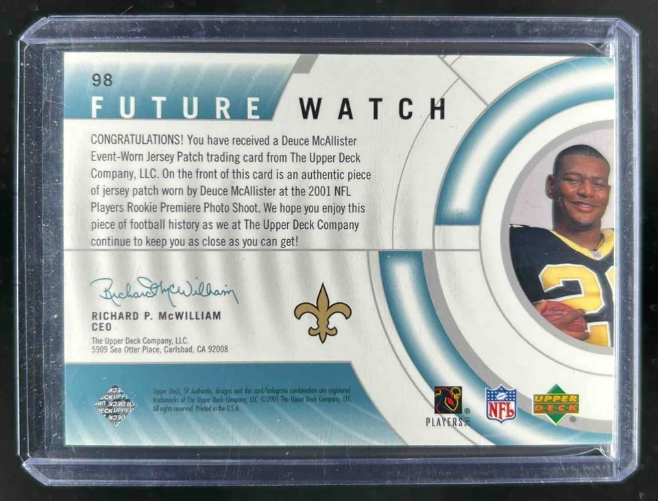 2001 SP Authentic Deuce McAllister Patch Rookie RC Future Watch #/800 Saints - Image 2 of 2