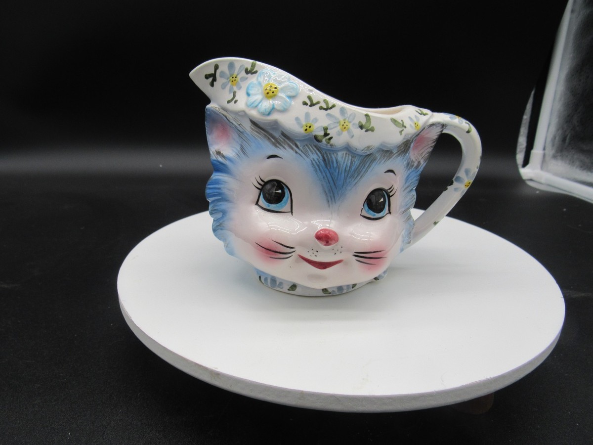 Vintage Lefton Miss Priss Blue Kitty Floral Creamer #1508 | 1950s 