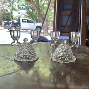 Unmarked Set of 2 Clear Glass Geometric Textured Taper Candle Holders