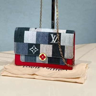 Louis Vuitton LV Flore Chain Wallet Blue Denim Red Monogram Crossbody Bag