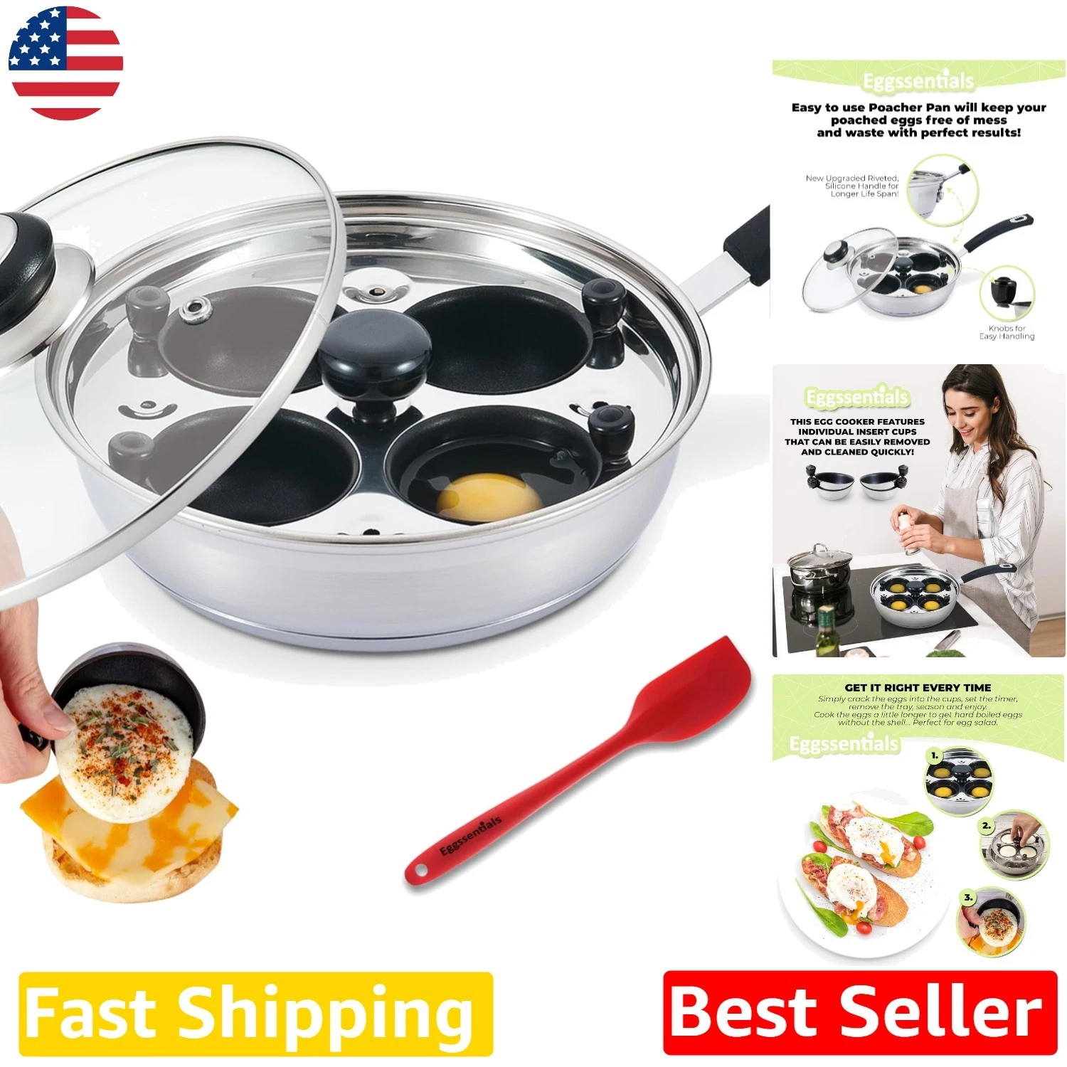 Deluxe Egg Poaching Cooker, 4 Cups, Stainless Steel, Easy Clean, Dishwasher Safe